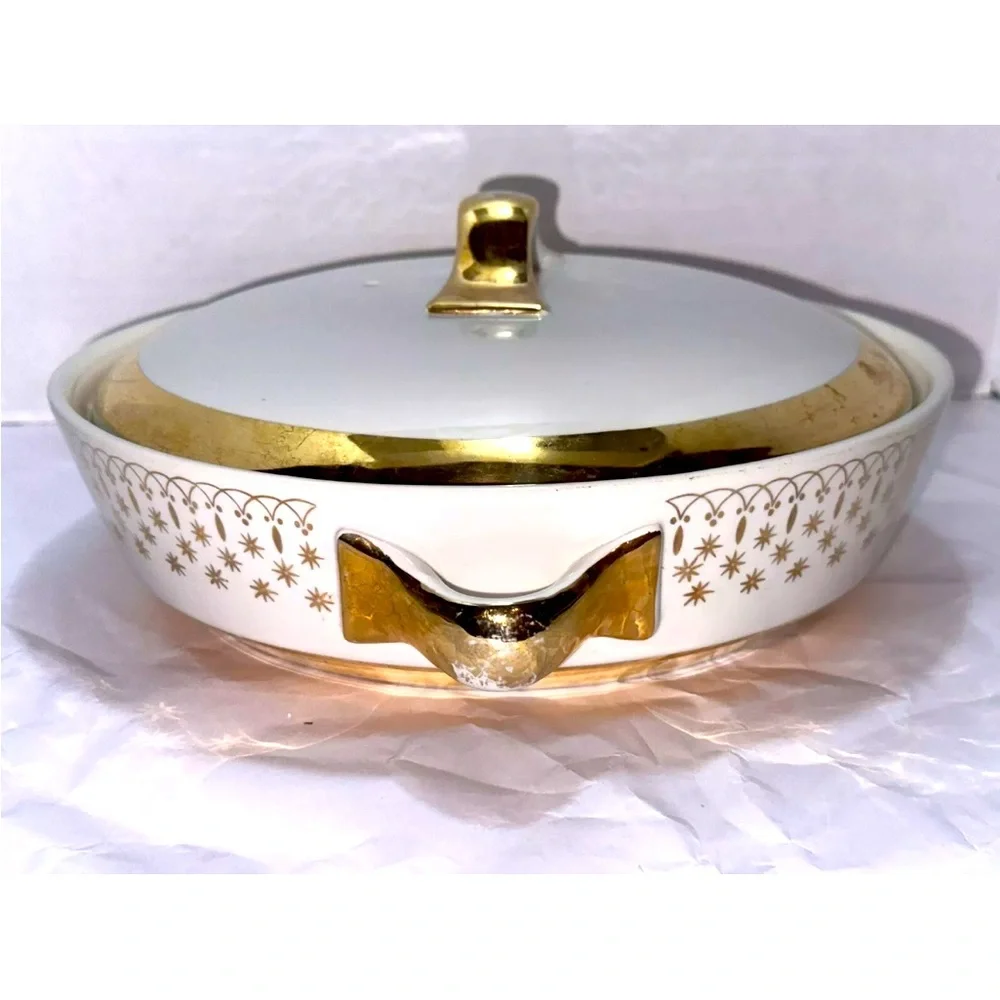 Hall China Starburst Flare Ware Casserole Pedestal Set Atomic MCM Gold Lid Dish